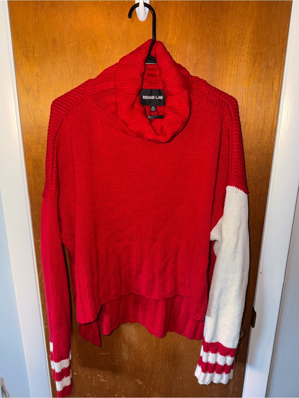 Rehab Red Cowlneck Sweater with White Sleeve Accents
